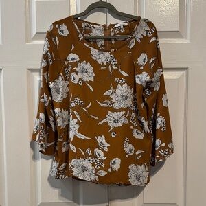 Crescent Floral Print Blouse - Brown and White